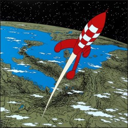 Plaque émaillée Tintin - Lune 35x35 : Fusée quittant la Terre