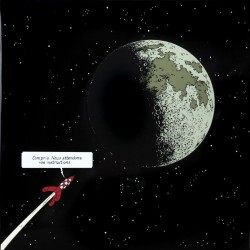 Plaque émaillée Tintin - Lune 35x35 : Fusée approchant la Lune