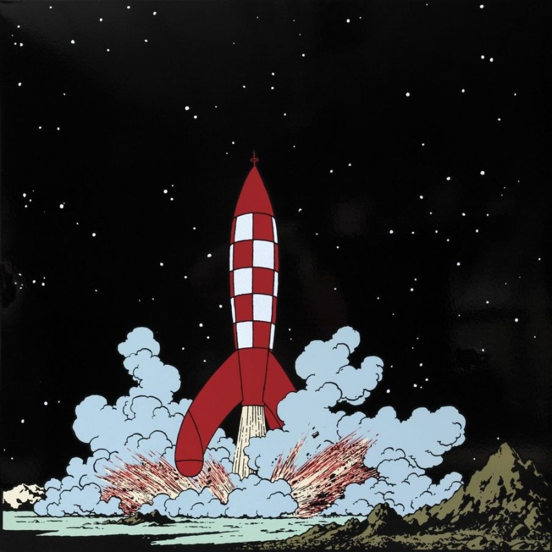 Plaque émaillée Tintin - Lune 35x35 : Alunissage de la Fusée