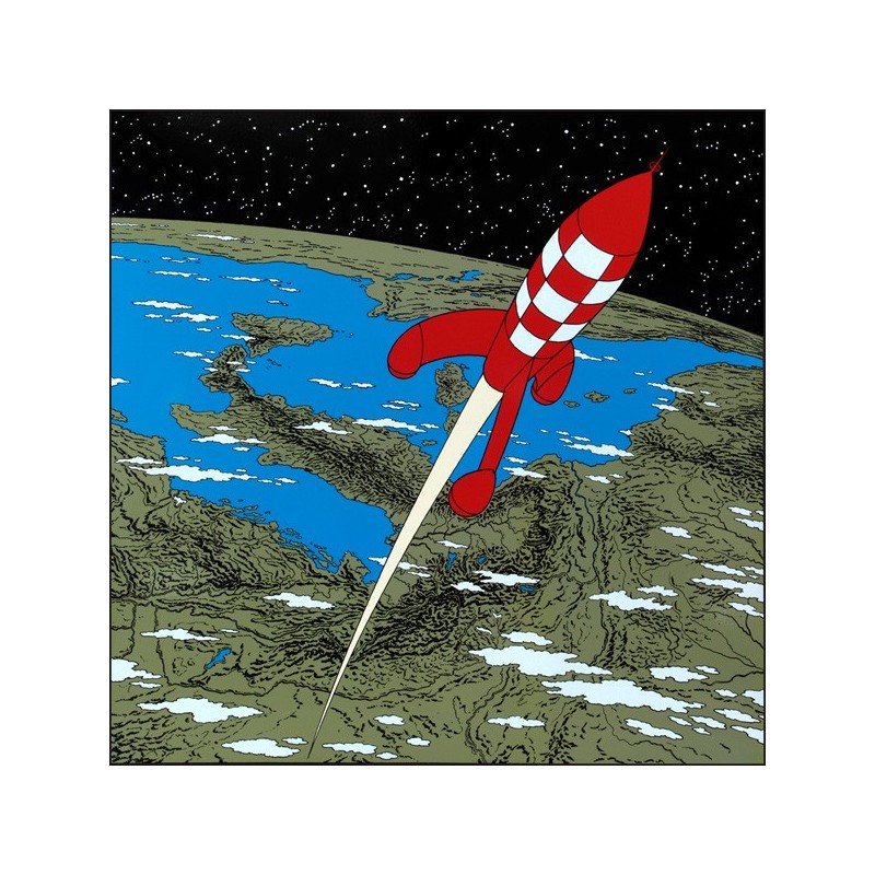 Plaque émaillée Tintin - Lune 100x100 : Fusée quittant la Terre