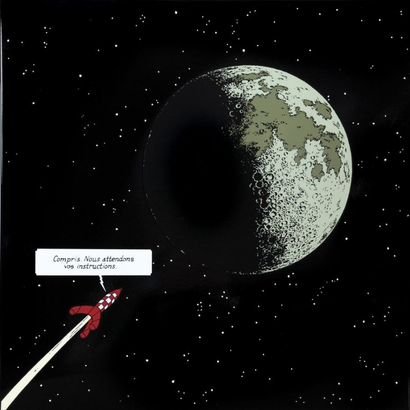 Plaque émaillée Tintin - Lune 100x100 : Fusée approchant la Lune