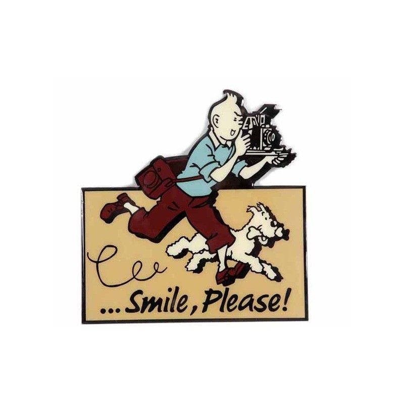 Plaque émaillée Tintin - "Tintin Smile, please" 20x20