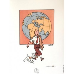 Lithographie Moulinsart Tintin - Tintin et Milou globe-trotter 18x23