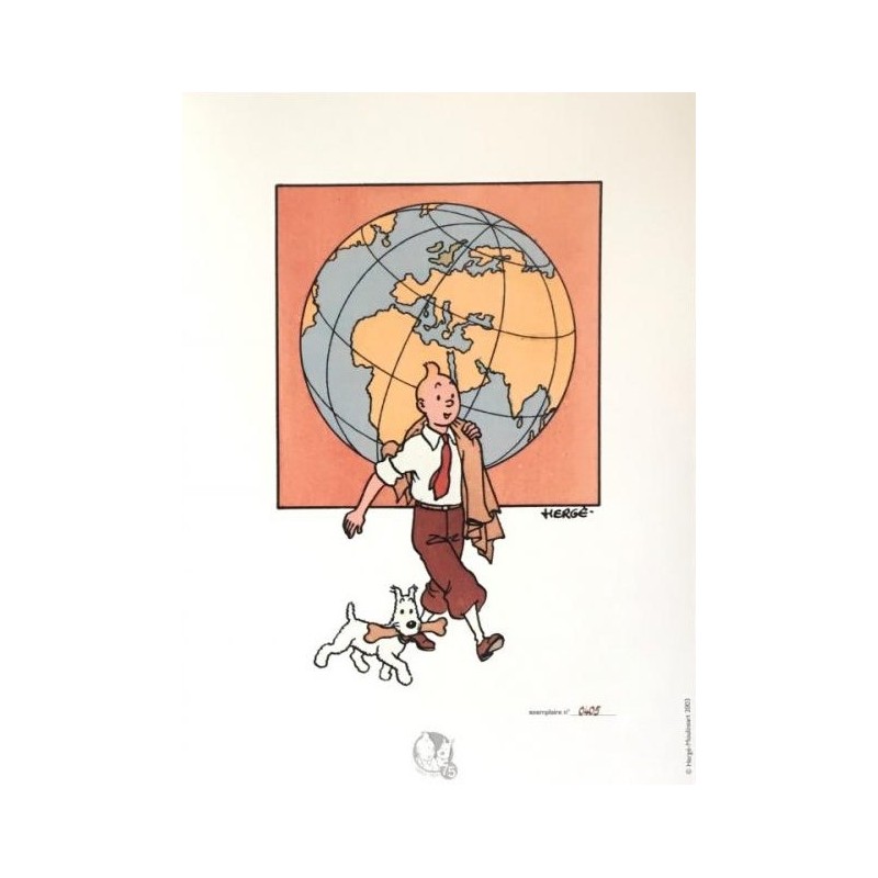 Lithographie Moulinsart Tintin - Tintin et Milou globe-trotter 18x23