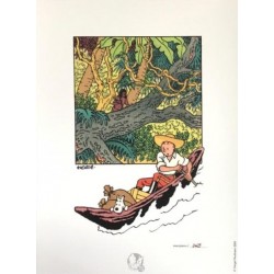 Lithographie Moulinsart Tintin - Tintin et Milou pirogue 18x23