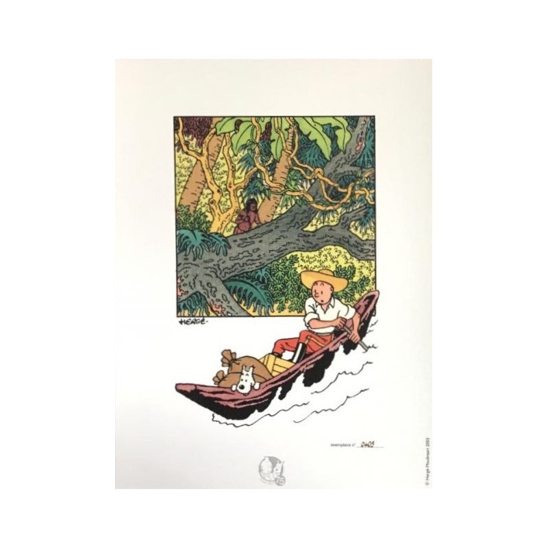 Lithographie Moulinsart Tintin - Tintin et Milou pirogue 18x23