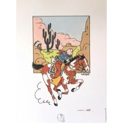 Lithographie Moulinsart Tintin - Tintin et Milou cheval 18x23