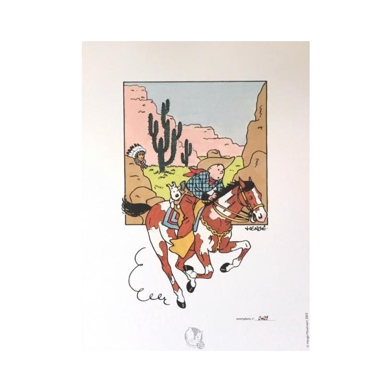 Lithographie Moulinsart Tintin - Tintin et Milou cheval 18x23