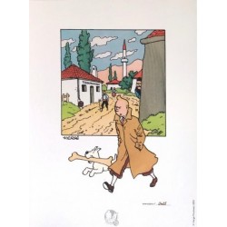 Lithographie Moulinsart Tintin - Tintin et Milou voyageur 18x23