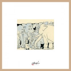 Lithographie Moulinsart Tintin - Cigares du Pharaon éléphants (encadrée) 37,5x37,5