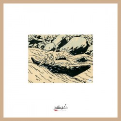 Lithographie Moulinsart Tintin - Oreille Cassée pirogue (encadrée) 37,5x37,5