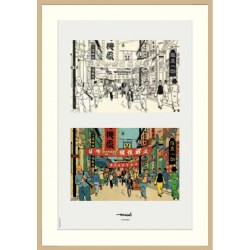 Lithographie Moulinsart Tintin - Lotus Bleu Rue de Shanghaï (encadrée) 37,5x52,5