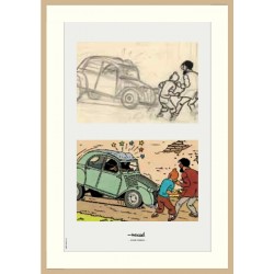 Lithographie Moulinsart Tintin - Affaire Tournesol 2CV (encadrée) 37,5x52,5