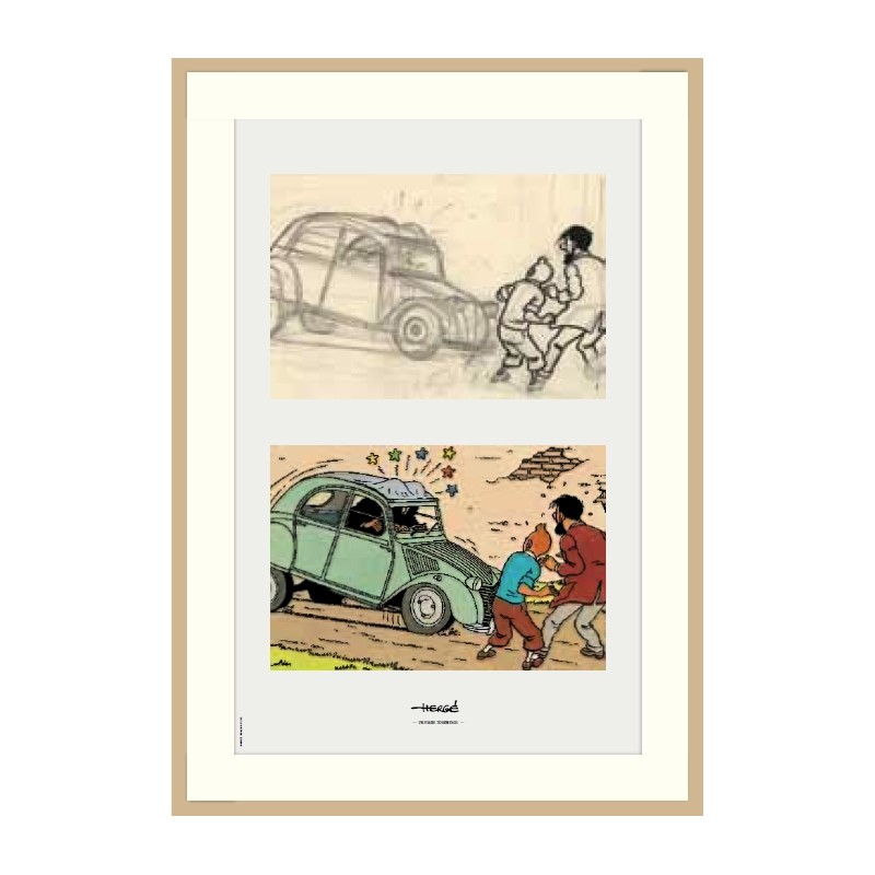 Lithographie Moulinsart Tintin - Affaire Tournesol 2CV (encadrée) 37,5x52,5