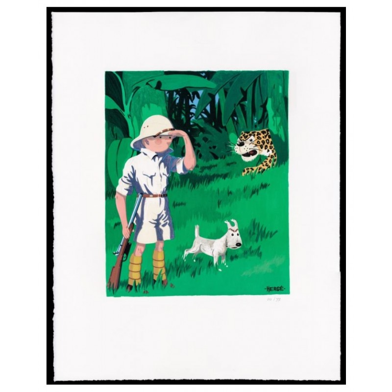 Lithographie Moulinsart Tintin - Tintin Congo gouache couleur 60x80