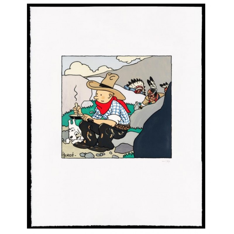 Lithographie Moulinsart Tintin - Tintin Amérique gouache couleur 60x80