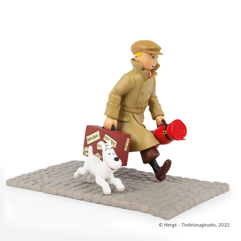 Figurine Moulinsart Tintin - "Ils arrivent" Tintin et Milou Valise (socle pavé)